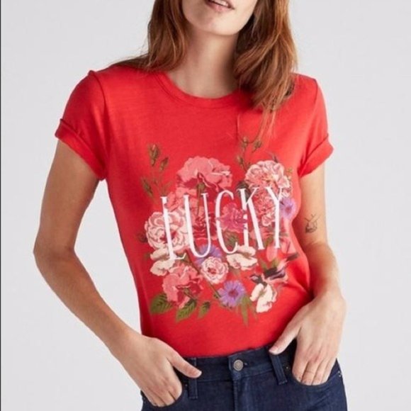 LUCKY BRAND Floral Red Graphic Tee NWT - Small - Picture 1 of 5